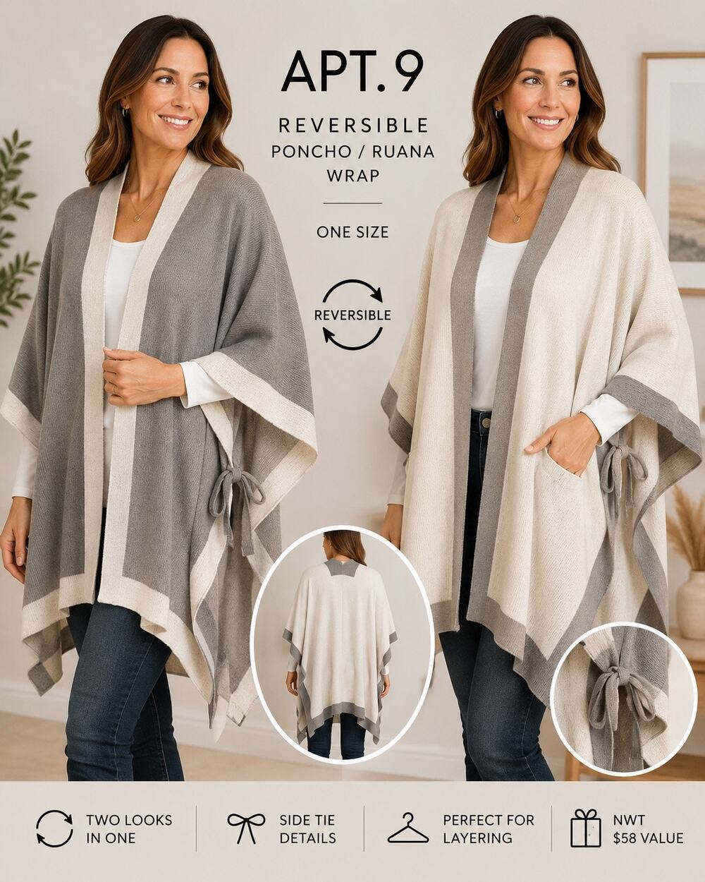 NWT Apt 9 Reversible Poncho Ruana One Size Ivory Grey Side Tie $58